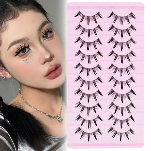 Vista 14 de 10 pares de pestañas postizas manga de aspecto natural, racimos ondulados, estilo puntiagudo de 0.630 pulgadas, pestañas japonesas de anime cosplay