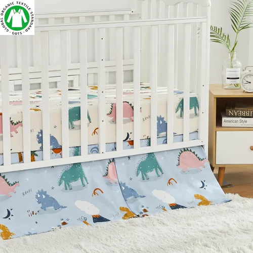Vista 2 de Brandream Juego de ropa de cama para cuna para niños, 100% algodón, estampado de dinosaurio, ropa de cama para bebé, color azul, verde, crema