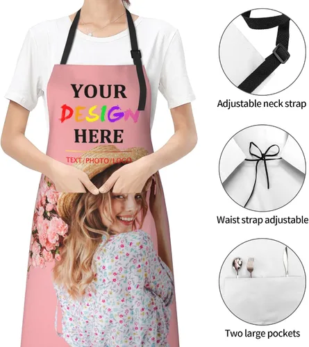 Vista 5 de Delantales personalizados con dos bolsillos para mujeres y hombres, delantales personalizados impresos con texto fotográfico para cocinero de cocina
