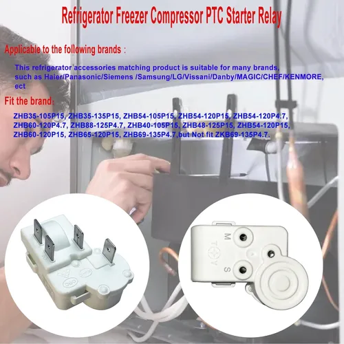 Vista 6 de Relé de arranque PTC para compresor de refrigerador y congelador, protector de sobrecarga de 4 pines, accesorios compatibles Serie ZHB ZHB88-125P4.7