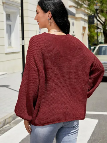 Vista 4 de ZAFUL - Suéter holgado y suelto para mujer, con cuello redondo, manga farol, de punto grueso