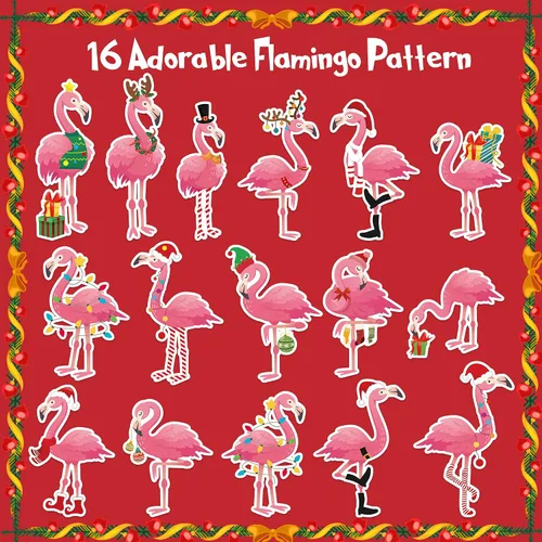 Vista 3 de 1000 calcomanías de flamenco de Navidad en 2 rollos con 16 patrones, bonitos calcomanías autoadhesivas de flamenco rosa para manualidades