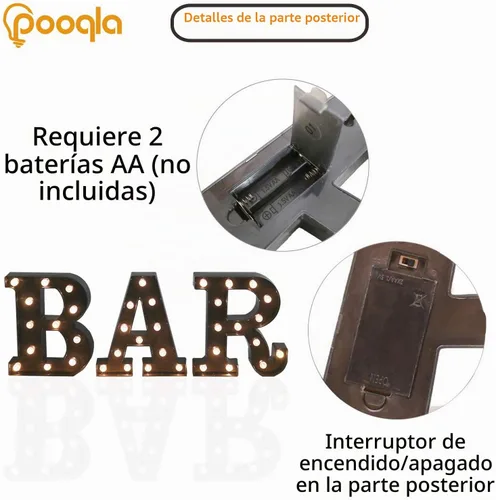 Vista 3 de BAR - Letrero LED iluminado con palabras de marquesina - Letrero de barra de pub preiluminado - Funciona con pilas (23.03 x 8.66 pulgadas) (negro)