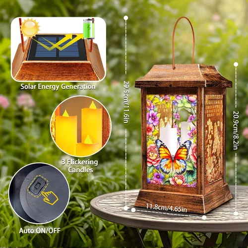 Vista 5 de Linternas solares de mariposa al aire libre impermeables, luces colgantes de metal y vidrio para decoración de jardín, regalos de cumpleaños