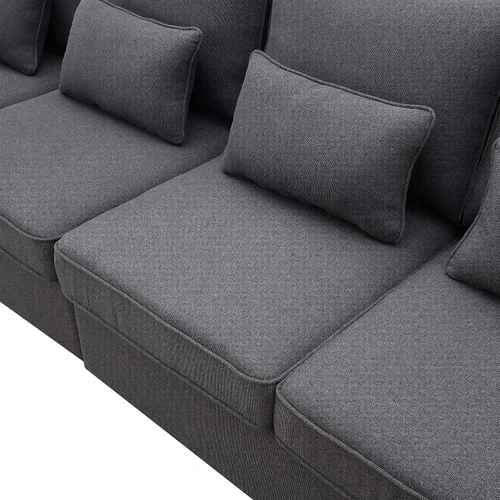 Vista 8 de Quarte Sofá modular moderno de 4 plazas con bolsillos para reposabrazos y 4 almohadas, sofá minimalista de tela de lino para sala de estar Gris