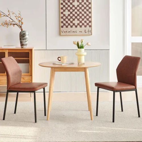 Vista 5 de Juego de 2 sillas de comedor de piel sintética marrón, cómodas sillas de cocina tapizadas sin brazos con patas de metal negro para sala de estar