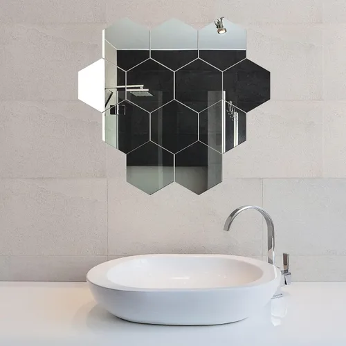 Vista 6 de Jetec Espejo hexagonal de vidrio para pared, espejo autoadhesivo a granel, vidrio de pared plano y flexible para centros de mesa para dormitorio
