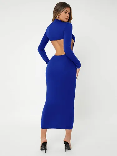 Vista 2 de Verdusa Vestido largo ajustado de manga larga con cuello alto falso para mujer