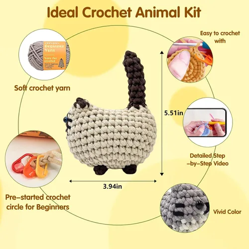 Vista 4 de Zepiany Kit de ganchillo para principiantes, kit de ganchillo para principiantes, kit de ganchillo para adultos, Amigurumi Crochet Animals Cat Kit