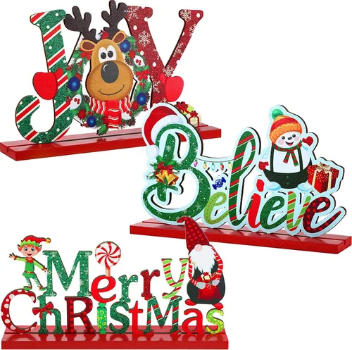 Vista 8 de Blulu 3 piezas de decoración de Navidad para centros de mesa de interior para mesas, letreros de madera de granja, centros de mesa de Navidad