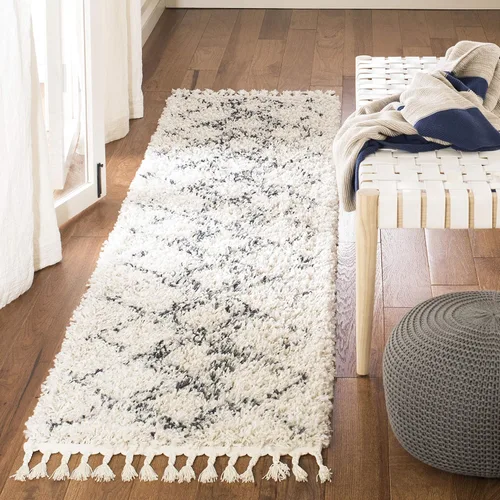 Vista 2 de SAFAVIEH Pro Luxe Shag Collection - Alfombra de pasillo, 2 pies 6 pulgadas x 6 pies, color crema y azul, diseño de borlas bohemias, no desprende