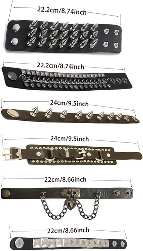 Vista 6 de 6 pulseras punk góticas de piel sintética con tachuelas de remache con tachuelas, brazalete negro gótico steampunk para hombres y mujeres, unisex