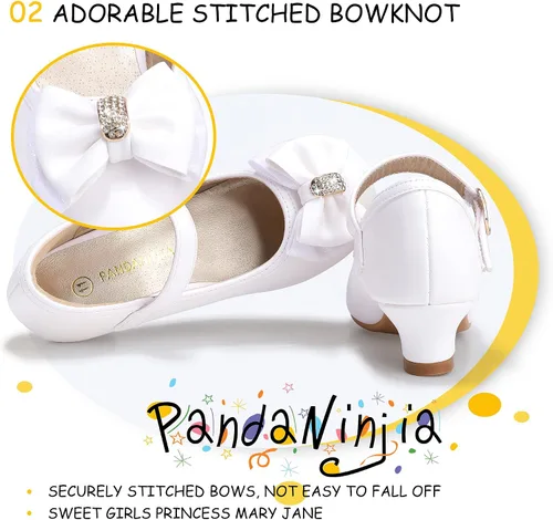 Vista 6 de PANDANINJIA Vestido de jada para niñas y niños pequeños, zapatos de princesa Mary Jane con tacones con lazo para fiesta, boda, boda