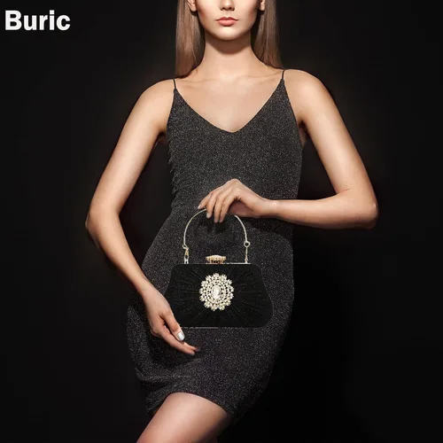 Vista 6 de Buric - Bolso de mano con purpurina para mujer, con diamantes plisados, para novia, boda, fiesta, con bolsa de diamantes de imitación