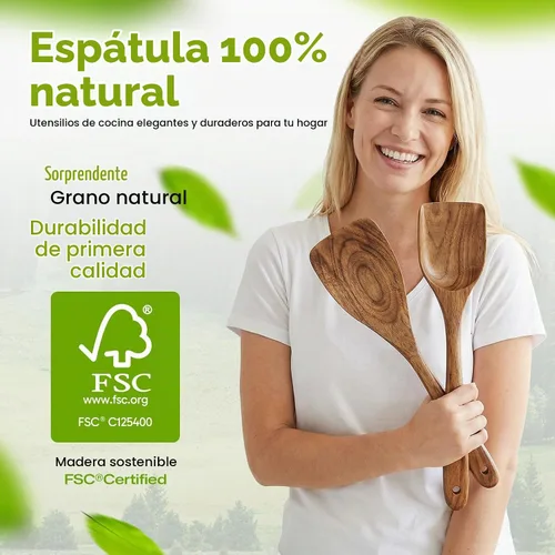 Vista 2 de AIUHI Juego de espátulas de madera de teca de 2 piezas, espátulas de cocina de madera para voltear, freír y servir, utensilios de cocina de madera
