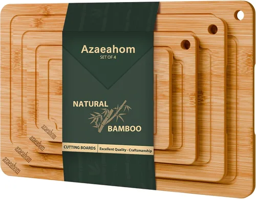 Vista 12 de Tablas de cortar de bambú para cocina, juego de tablas de cortar de madera con ranuras para jugos y asas incorporadas, fácil almacenamiento