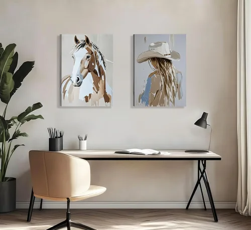 Vista 7 de 2 piezas de arte de pared enmarcado de vaquera occidental con sombrero chica vaquera y caballo, impresión en lienzo, póster, pintura al óleo