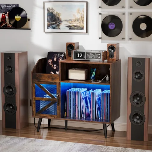 Vista 4 de MULEJYBO Soporte Grande Rústico para Tocadiscos con Puerta Magnética, Gabinete de Almacenamiento para 350 Discos de Vinilo, Mesa para Tocadiscos