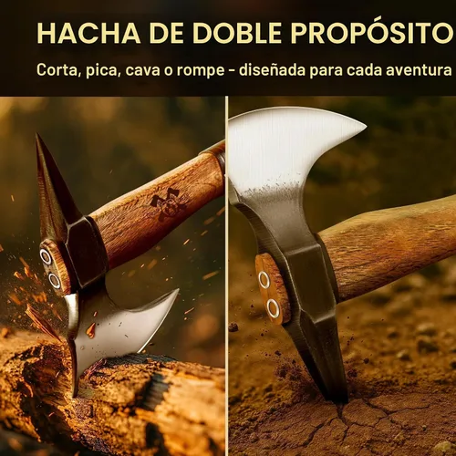 Vista 6 de Grumpy Bear Hacha de campamento de 15 pulgadas, hacha de supervivencia con funda, acero de alto carbono y mango de madera, agarre antideslizante
