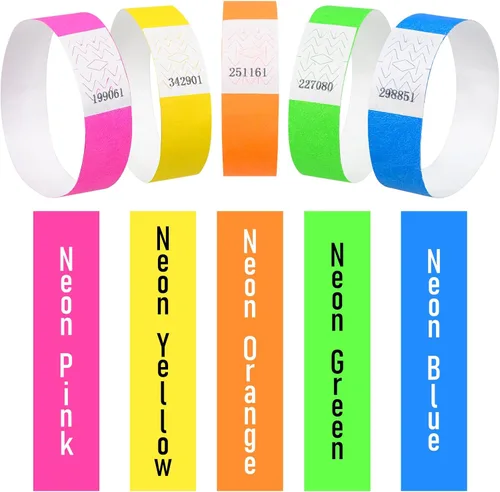 Vista 4 de DGBDPACK 500 Pcs Pulseras Numeradas 5 colores neón surtidos, correas impermeables y resistentes al desgarro para fiestas