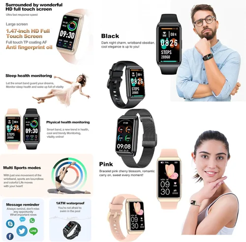 Vista 3 de ZPIMY AMOLED - Reloj inteligente de 1.47 pulgadas para mujer, reloj inteligente para hombre, rastreador de actividad física para iPhone Android Negro