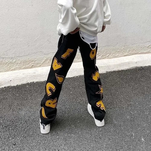 Vista 10 de Harajuku - Jeans para hombre con letras estampadas, rectos, holgados, para otoño e invierno, jeans engrosados, jeans góticos