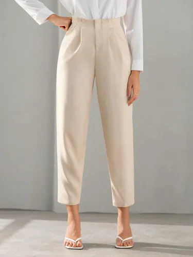 Vista 4 de SweatyRocks Pantalones recortados plisados de cintura alta con cremallera para mujer, elegantes bolsillos sólidos, pantalones de oficina