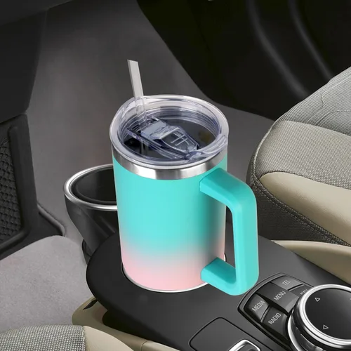 Vista 5 de SYACOT Vaso de 40 onzas con asa y pajita, vaso aislado de acero inoxidable, tapa a prueba de fugas y tapa con pajilla, taza de café de viaje