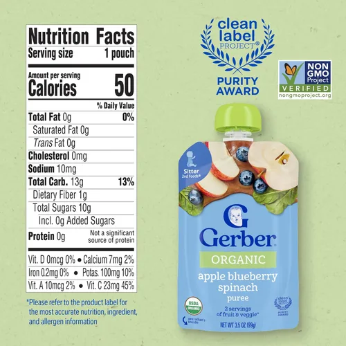 Vista 2 de Gerber Alimento orgánico para bebés de manzana, arándano y espinacas, bolsa de 3.5 onzas