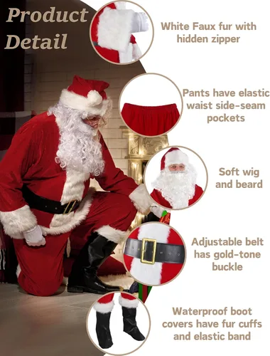 Vista 5 de Traje de Santa Claus para adultos y hombres, 11 piezas, color rojo, de lujo, clásico, de terciopelo, disfraz de Papá Noel para fiesta de Navidad