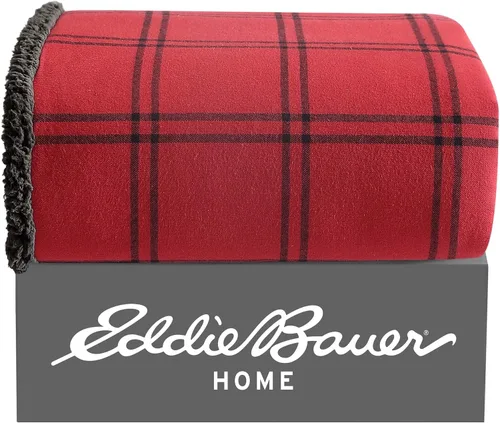 Vista 5 de Eddie Bauer - Manta decorativa de franela de algodón para hogar, ropa de cama reversible de sherpa para todas las estaciones, rojo y negro