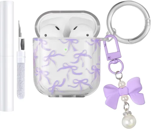 Vista 9 de Funda compatible con AirPods, funda de TPU suave con bonito patrón de flores para AirPods de 2 y 1 generación con llavero colgante y mosquetón