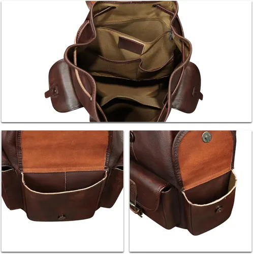 Vista 7 de IVTG Mochila de cuero genuino para hombres y mujeres, mochila vintage de cuero real, mochila de moda de alta capacidad (café)