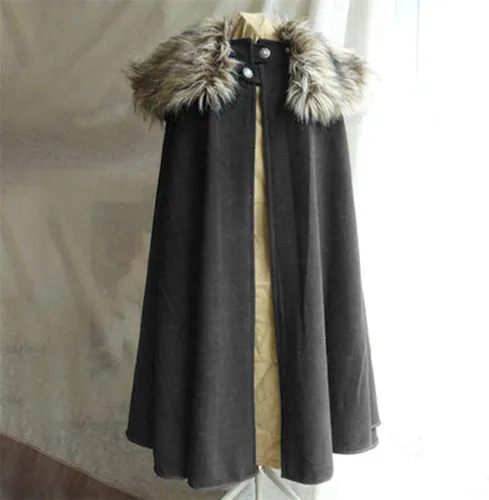 Vista 2 de Capa para hombre, abrigo de invierno cálido gótico de lana sintética con cuello de piel sintética, capa larga, capa vintage medieval vikinga