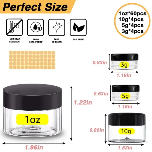 Vista 2 de Recipientes de plástico de 1 oz con tapas, 60 tarros de plástico con tapas + 12 recipientes de muestra de 3/5/0.35 oz, tarro de viaje, ideal