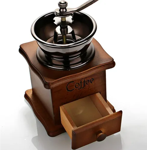 Vista 4 de Molinillo de café manual de madera, estilo vintage, molinillo de café de mano, molinillo de café con manivela de cerámica, cepillo de limpieza