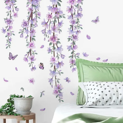 Vista 6 de Adhesivo de pared colgante, creativo, extraíble, DIY, de flores púrpuras y enredaderas, con algunas mariposas voladoras, adhesivo de vinilo