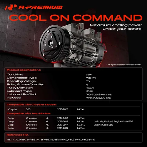 Vista 2 de A-Premium Compresor de aire acondicionado de CA con embrague compatible con Jeep Cherokee 2.4L 2014-2022, Chrysler 200 2.4L 2015-2017