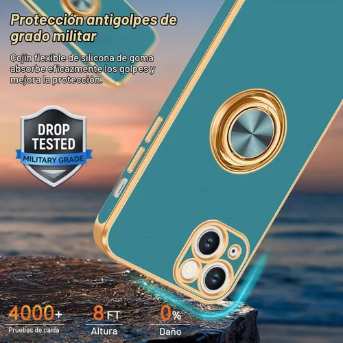 Vista 3 de Fingic Funda para iPhone 13, soporte de anillo giratorio de 360°, soporte Gris azulado