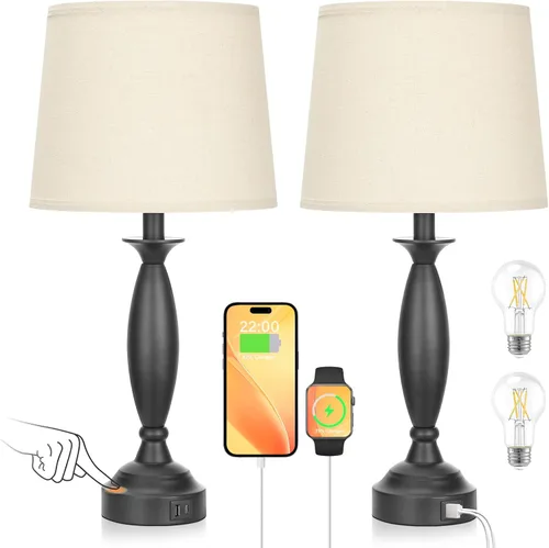 Vista 13 de Juego de 2 lámparas grises para dormitorio, lámpara de noche con control táctil con USB C+A, lámparas de mesita de noche regulables de 3 vías