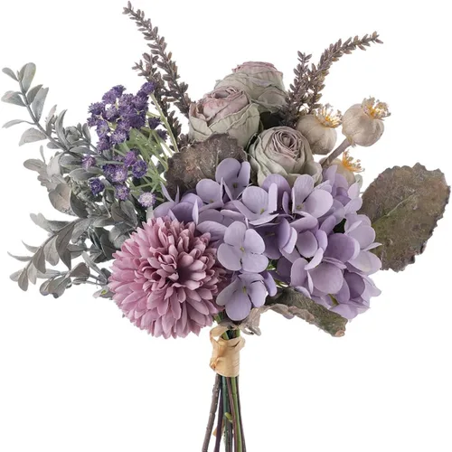 Vista 12 de Arreglos florales artificiales de seda de 17 pulgadas, ramos de flores artificiales que consisten en ranúnculos, crisantemos silvestres, rosas Ámbar