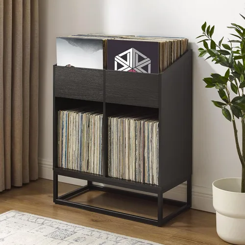 Vista 7 de Crosley Furniture Enzo - Moderno soporte de almacenamiento de discos de vinilo, estantes abatibles orientados hacia adelante para discos, color negro