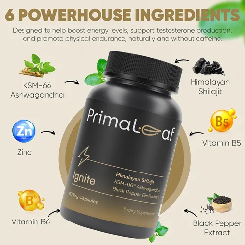 Vista 4 de Suplemento de energía y rendimiento Ignite con Shilajit, KSM-66 Ashwagandha y zinc Fuerza, resistencia y recuperación muscular 60 cápsulas