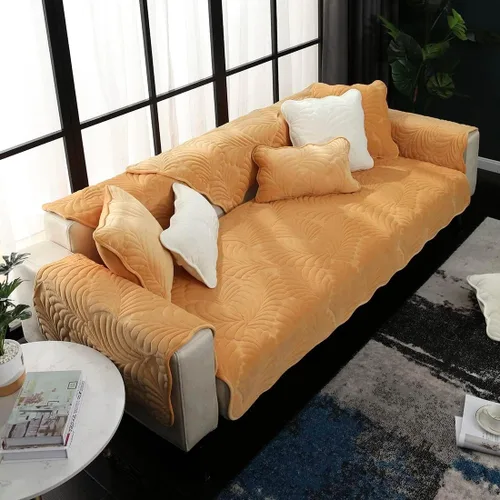 Vista 22 de vctops Funda de terciopelo suave acolchada con hojas de plátano para sofá, funda de sofá modular antideslizante para invierno, funda de muebles