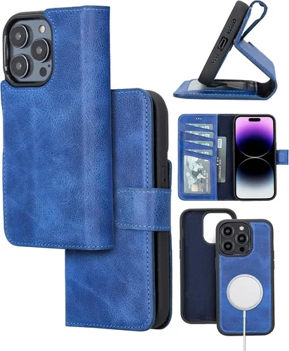 Vista 24 de Bayelon Funda para iPhone 14, funda de cuero de grano completo, [2 en 1], funda magnética desmontable con ranuras para tarjetas, soporte y función