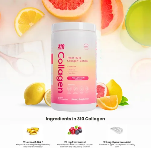 Vista 3 de 310 Nutrition Péptidos de colágeno para mujeres y hombres – Colágeno hidrolizado alimentado con pasto con ácido hialurónico, resveratrol, vitamina C