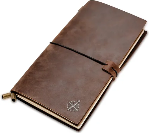 Vista 11 de WANDERINGS Cuaderno A5 Travelers hecho a mano, de cuero auténtico, 6 x 8.5 pulgadas, diario de viaje recargable con soporte para bolígrafo