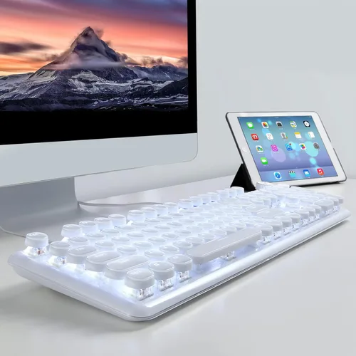 Vista 2 de Teclado para juegos, estilo retro punk, interruptores azules, retroiluminación blanca, cable USB, para PC, laptop, computadora de escritorio