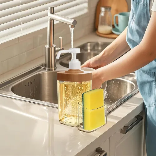Vista 7 de Dispensador de Jabón de Cocina con Soporte para Esponja, Organizador de Jabón para Platos de Gran Capacidad de 800ml, Organizador de Fregadero a