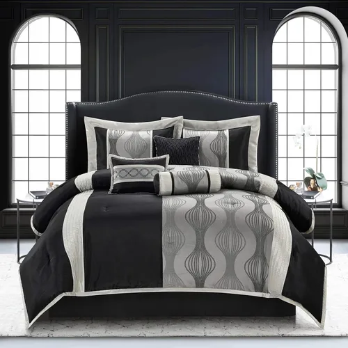 Vista 13 de Grand Avenue - Juego elegante de edredón negro y dorado, a rayas, 7 piezas de juego de cama de jacquard con edredón para todas las estaciones
